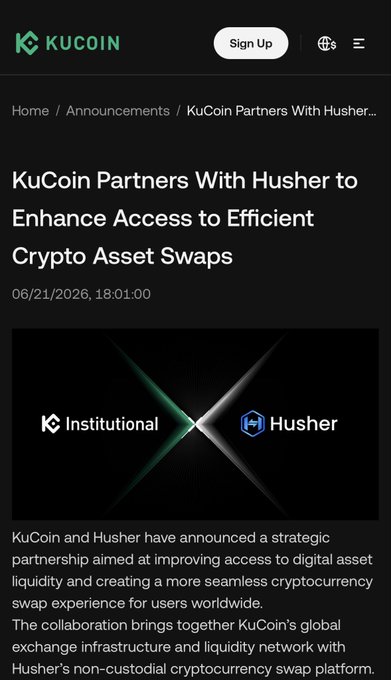 The image shows a phone screen displaying a website called Kucoin.com. The website has an announcement about partnership between Kucoin and Husher, which is a cryptocurrency exchange platform. The text on the page indicates that they are working together to enhance access to efficient Crypto Asset Swaps.