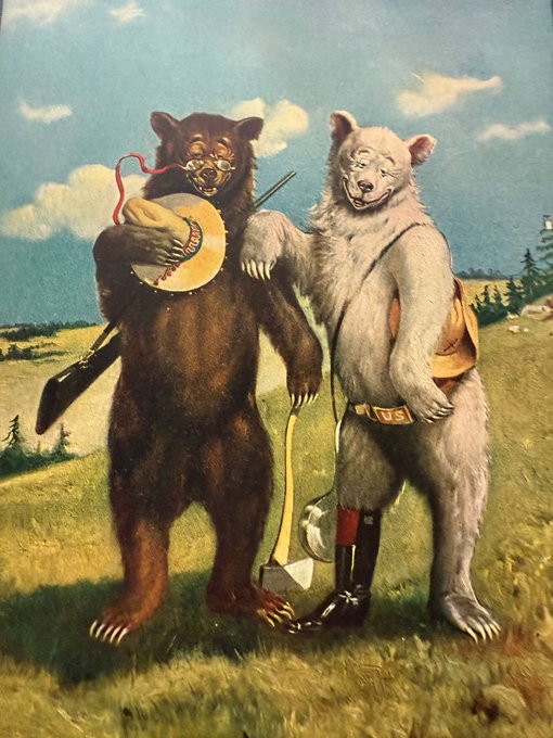 The image features two teddy bears standing together, one wearing a hat and holding an object while the other bear has a backpack. The background of the image shows a grassy field with trees, giving the scene a natural and peaceful atmosphere. The caption for this image is "Happy Teddy Tuesdays from The Roosevelt Bears Teddy B and TEDDY G @teddybearbg123 $TEDDY #XRPL".