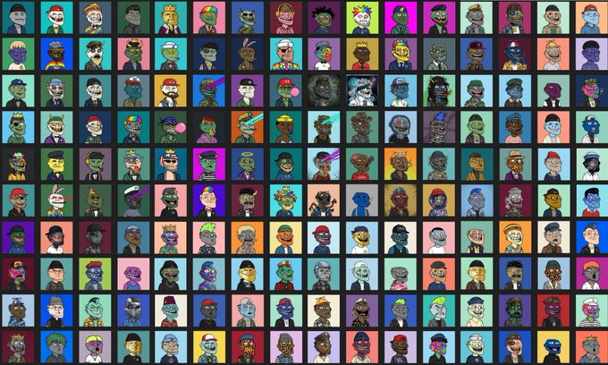 A grid of dozens of small, colorful pixel art avatar portraits featuring various characters, animals, and designs arranged in rows.