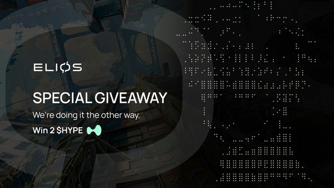 A promotional banner for Elios (ELIØS) announcing a "SPECIAL GIVEAWAY" with the tagline "We're doing it the other way" and offering 2 $HYPE tokens. The image features a dark, futuristic cityscape background with a dotted/pixelated ELIØS logo on the right, serving as visual branding for the giveaway mentioned in the post.