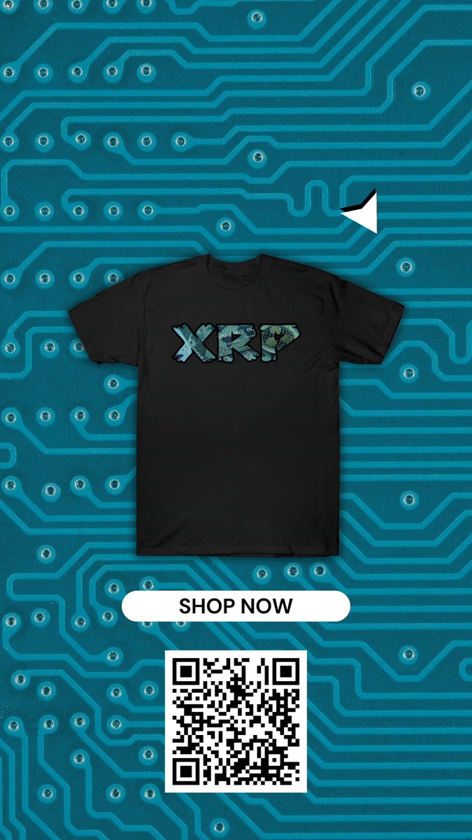 The image features a black t-shirt with the word "XRP" written on it, along with an arrow pointing towards it. The background of the image is blue and has a circuit board pattern. There are also some text elements present in the image that read "Shop now", "Hodl on... Check out my XRP holder", and "@TeePublic". These elements suggest that the image might be related to an advertisement or promotional material for a product, possibly a t-shirt or clothing item with a unique design featuring the word "XRP" prominently displayed.