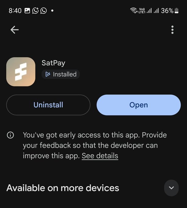 The screen displays a smartphone app titled "SatPay", which has a large amount of people already downloading it, with over one hundred users confirmed and twenty-five more people currently testing the app (Beta tester) out for review. The app is available on both the Google Play Store and the App Store, indicating its widespread availability to consumers worldwide. The main feature of this app is its KYC Ready feature, which has already been used by over seventy percent of those who have tested it. This provides a convenient way to access more devices without going through the standard registration process.