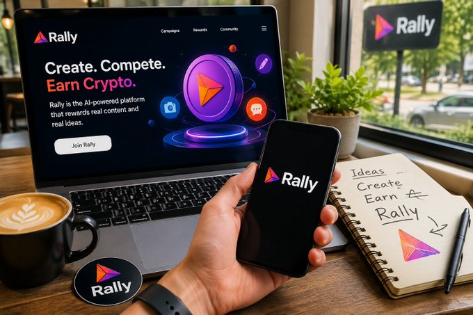 The image features a person holding a cell phone displaying the word "Rally" along with an app icon, possibly a social media or gaming app. There are also other objects present in the scene, such as a laptop computer, a notebook, a pen, and a cup of coffee on a table. The background shows a window overlooking a street view.