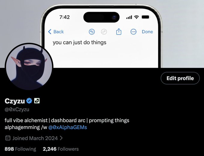 A Twitter/X profile screenshot for user "Czyzu" (@0xCzyzu) with a devil/oni masked avatar, bio reading "full vibe alchemist | dashboard arc | prompting things alphagemming /w @0xAlphaGEMs", showing 898 Following and 2,246 Followers, with a phone mockup displaying "you can just do things".