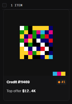 A digital item display on a dark interface titled '1 ITEM' showing a pixel art design with various bright colors, labeled 'Credit #11469' with a top offer of '$12.4K' and a diamond currency price of '#1'.