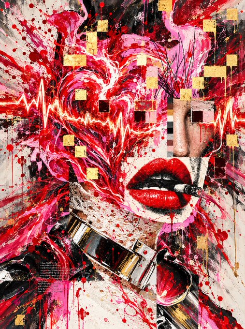 An abstract painting showing red lips, a watch, and a partial face surrounded by splattered red and pink paint with gold geometric squares.