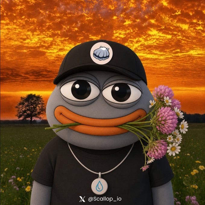 A cartoon gray character wearing a black cap and shirt holds a bouquet of wildflowers in its mouth against a fiery orange sunset, with "@Scallop_io" displayed at the bottom—matching the post's nod to "Scallopers" on the intern feed.