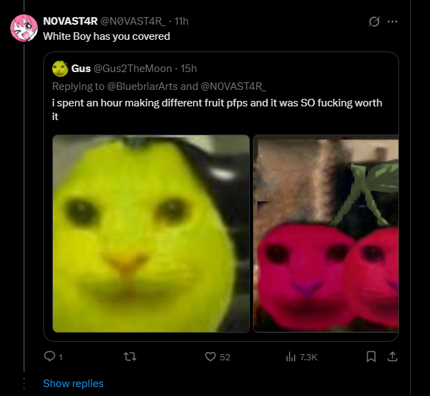 A Twitter/X exchange where NOVAST4R replies to Gus (@Gus2TheMoon) saying 'White Boy has you covered' in response to Gus sharing blurry, surreal AI-generated images of fruit with faces, captioned 'i spent an hour making different fruit pfps and it was SO fucking worth it'.