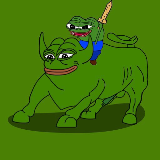 A cartoon drawing of a muscular green bull with Pepe the Frog riding on its back holding a sword, set against a green background.