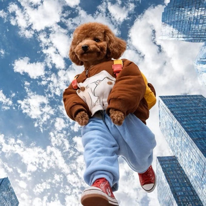 A toy poodle dressed in a brown hoodie, white shirt, light blue sweatpants, red sneakers, and a yellow backpack appears to float against a sky with clouds and modern glass skyscrapers.