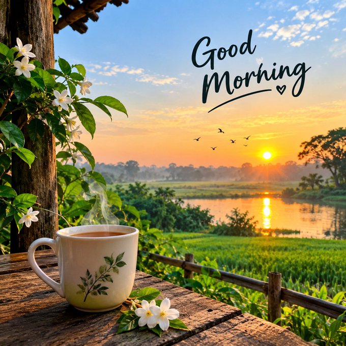 A 'Good Morning' greeting card depicts a steaming cup of coffee on a wooden surface, overlooking a sunrise over a green rice field and river.