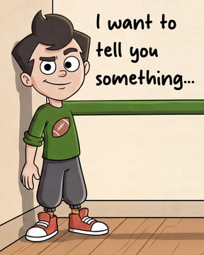 A cartoon boy with a football shirt says "I want to tell you something..." in a speech bubble. The image sets up an introspective moment, fitting the post's message about taking accountability and addressing personal struggles rather than complaining about uncontrollable things.