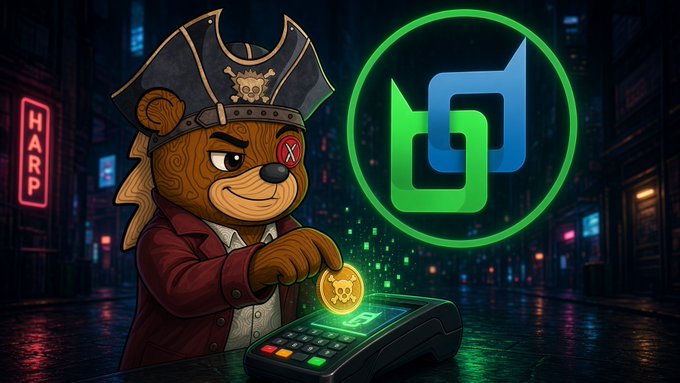 An illustrated bear pirate with an eye patch and tricorn hat places a skull-emblazoned gold coin onto a glowing payment terminal, beside a large blue and green logo, with a 'HARP' neon sign in the cyberpunk street background.