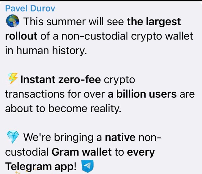 A screenshot of a post by Pavel Durov announcing that this summer will feature the largest rollout of a non-custodial crypto wallet in human history, with instant zero-fee transactions for over a billion users via a native non-custodial Gram wallet on the Telegram app. The image supports the post's emphasis on Telegram's ongoing crypto developments and being chain-agnostic to capture opportunities like $Utya.