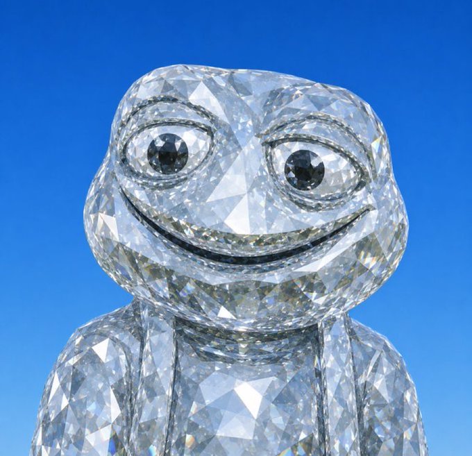 Close-up of a shiny, faceted crystal sculpture of a frog with a smiling face against a bright blue sky.