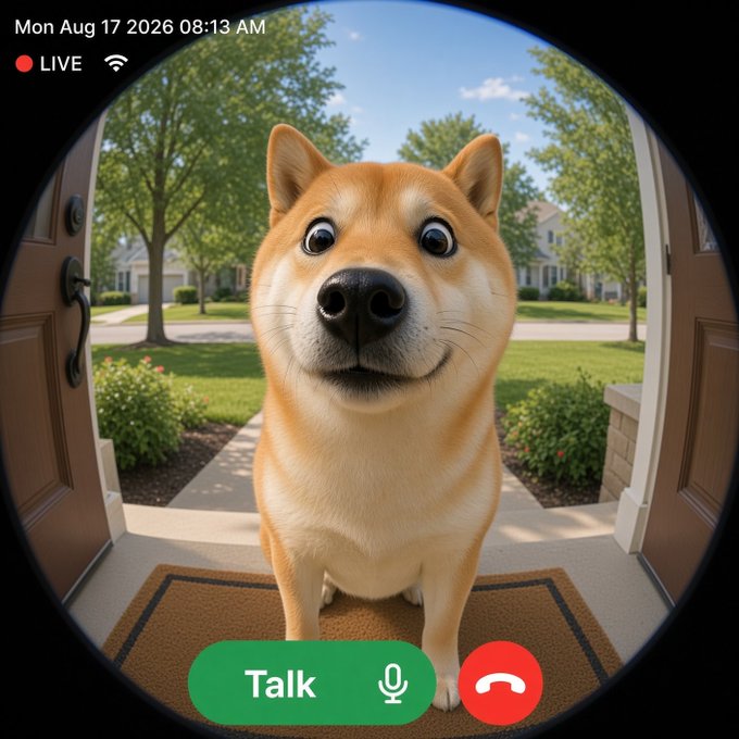 A doorbell camera view showing a Shiba Inu dog sitting on a welcome mat with a suburban neighborhood in the background; timestamp reads 'Mon Aug 17 2026 08:13 AM' with 'Talk' and end call buttons.