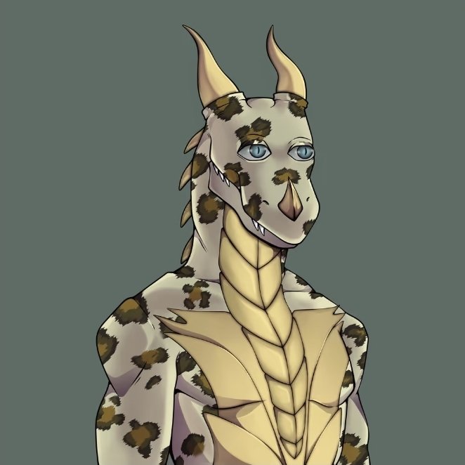 An illustrated dragon-like creature with horns, blue eyes, and a cream and brown spotted pattern looks to the side.