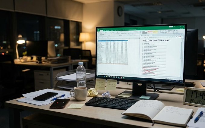 A late-night office desk scene shows a computer monitor displaying a spreadsheet and document with the header "VIEC CAN LAM TUAN NAY", accompanied by a water bottle, coffee mug, sticky notes, smartphone, and an open notebook beside a digital clock reading 17:41.