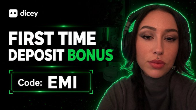 A promotional image for "dicey" features a woman wearing a headset alongside text advertising a "FIRST TIME DEPOSIT BONUS" with code "EMI".