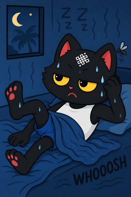 A digital illustration of a black cat character sweating and looking uncomfortable in bed under blue covers, with 'Zzz' symbols, a moon and palm tree visible through the window, and the word 'WHOOOSH' at the bottom.