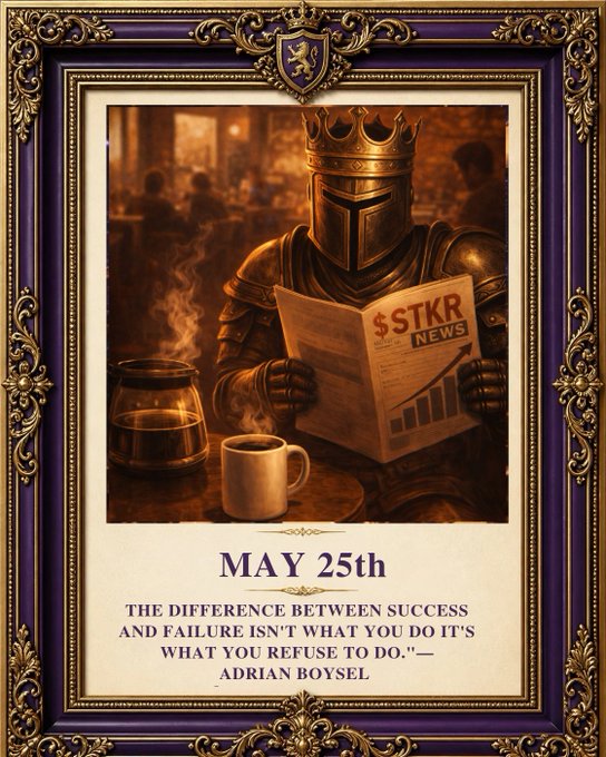 urn of coffee, newspaper, and knight's armor are featured on a purple-framed poster for May 25th.