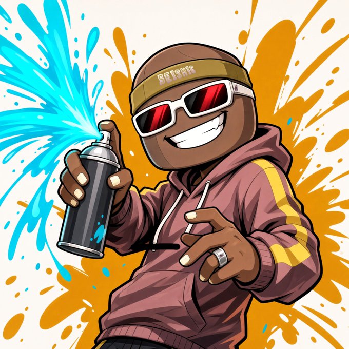 Cartoon illustration of a smiling character wearing white sunglasses, a maroon and yellow hoodie, and a headband, holding a spray paint can with blue paint splattering out against an orange splatter background.