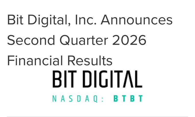 An announcement graphic for 'Bit Digital, Inc.' (NASDAQ: BTBT) revealing their Second Quarter 2026 Financial Results.
