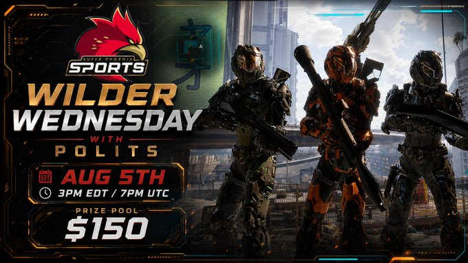 A promotional graphic for 'WILDER WEDNESDAY WITH POLITS' esports tournament by Rooster Phoenix Sports on August 5th at 3PM EDT / 7PM UTC, featuring a $150 prize pool.