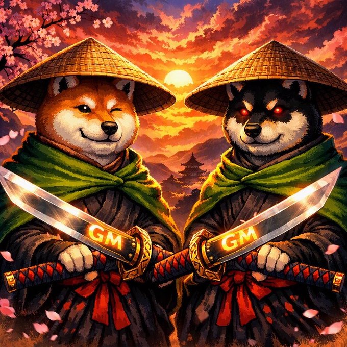 Two anthropomorphic Shiba Inu dogs dressed as samurai with conical hats, wielding crossed swords inscribed with 'GM' against a sunset backdrop with cherry blossoms.