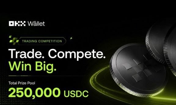 The image is a promotional graphic for OKX Wallet's "Trading Competition," featuring the slogan "Trade. Compete. Win Big." and highlighting a total prize pool of 250,000 USDC. It visually ties to the post by advertising the same $250K reward campaign mentioned in the user's sign-up guide for new OKX accounts.