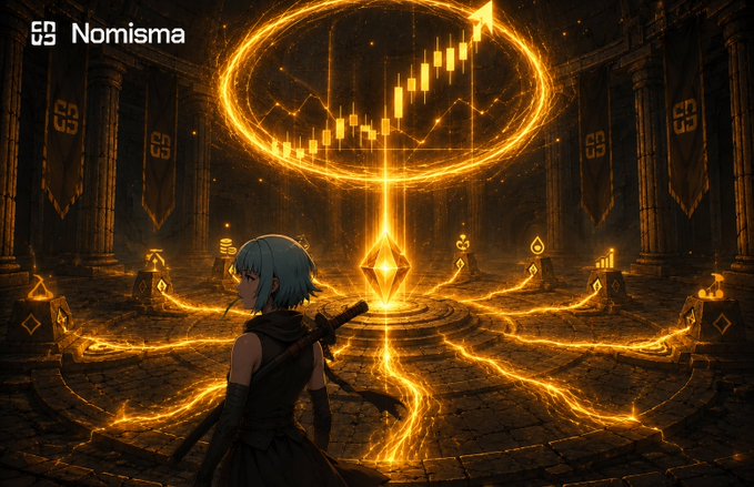 An anime-style illustration branded with the 'Nomisma' logo shows a blue-haired character facing a glowing candlestick chart enclosed in a fiery ring, with lava-like streams flowing across a stone floor.