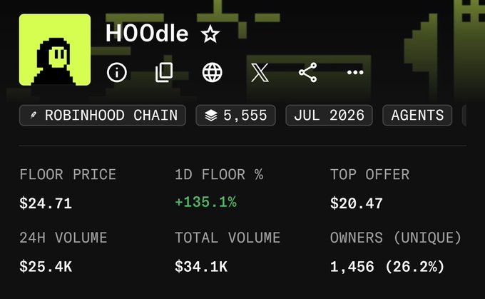 NFT collection stats page for 'HOOdle' on Robinhood Chain, showing a floor price of $24.71, top offer of $20.47, 24H volume of $25.4K, and 1,456 unique owners.