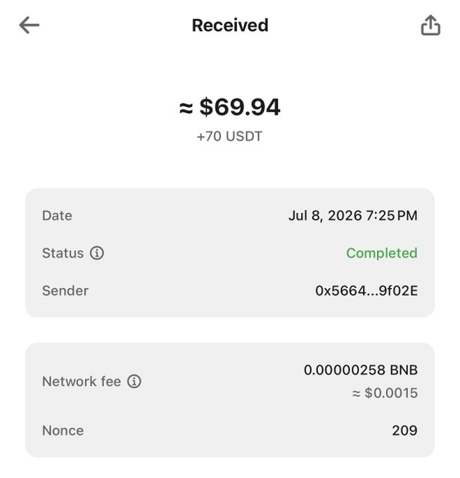 A screenshot of a crypto wallet confirmation showing a received payment of +70 USDT (~$69.94) completed on July 8, 2026, from sender 0x5664…9f02E, with a small BNB network fee. The transaction details support the poster's claim of earning $70 despite low activity, which they're using as justification to buy a dip on the $ANSEM token.