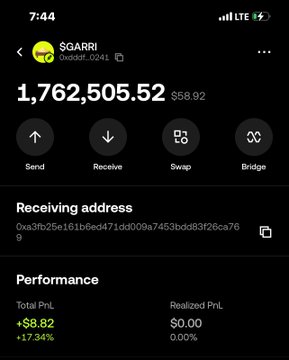 A cryptocurrency wallet app displays a balance of $GARRI tokens showing 1,762,505.52 (worth $358.92) with action buttons for Send, Receive, Swap, and Bridge, showing a PnL of +$8.82 (+17.34%).