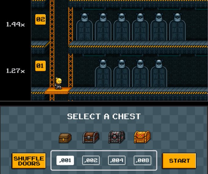 A retro-style pixel art video game interface displays a level with tombstones and a character, with a bottom menu showing 'SELECT A CHEST' and various bet amounts (.001, .002, .004, .008) next to a 'START' button.