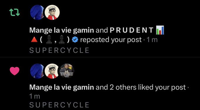 A social media notification screen showing interactions from 'Mange la vie gamin' and 'PRUDENT' who reposted and liked the user's post on the SUPERCYCLE platform.
