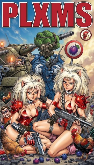 An anime-style illustration poster titled 'PLXMS' depicting two women with white hair in red outfits holding weapons, alongside a soldier with broccoli on his head, with chickens and scattered fruit in the foreground.