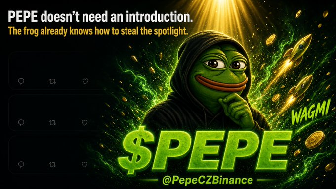A digital graphic features the Pepe the Frog character in a green hoodie surrounded by gold coins, with text reading "PEPE doesn't need an introduction. The frog already knows how to steal the spotlight." and a large "$PEPE @PepeCZBinance" logo.