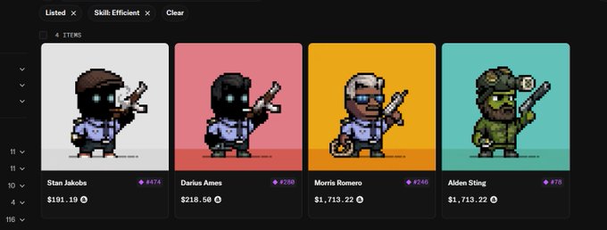 An NFT marketplace interface displaying four pixel art character collectibles: Stan Jakobs ($191.19), Darius Ames ($218.58), Morris Romero ($1,713.22), and Alden Sting ($1,713.22), all holding weapons.
