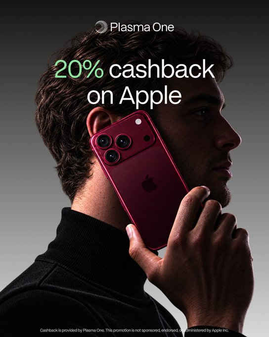 A promotional advertisement for 'Plasma One' offering '20% cashback on Apple,' showing a man in profile holding a dark red iPhone to his ear, with fine print noting the promotion is not sponsored by Apple.