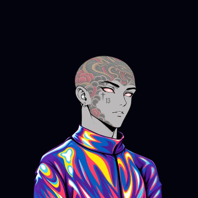 An illustration of a bald character with grey skin, glowing pink eyes, and traditional Japanese-style face and head tattoos, wearing a colorful psychedelic-patterned jacket.
