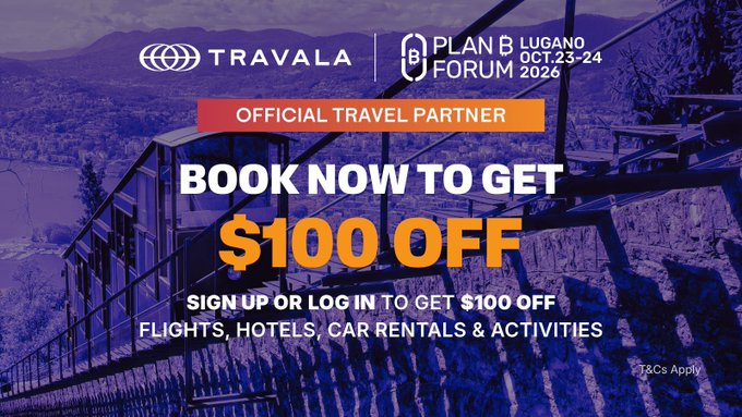 A purple-tinted promotional banner for Travala as the official travel partner for Plan B Forum Lugano (Oct 23-24, 2026), offering $100 off flights, hotels, car rentals, and activities.