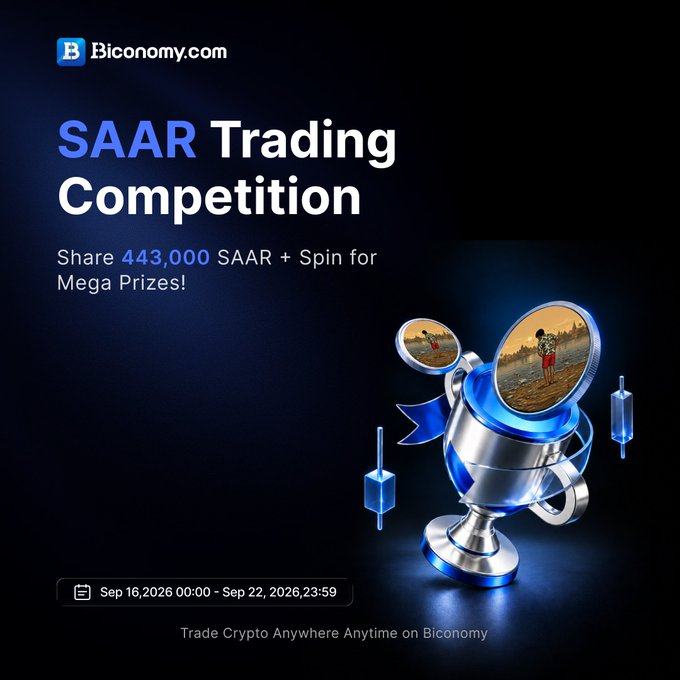 A promotional graphic from Biconomy.com advertising a "SAAR Trading Competition" with text "Share 443,000 SAAR + Spin for Mega Prizes!" featuring a futuristic spherical device with screens, running from Sep 16, 2026 00:00 to Sep 22, 2026, 23:59.