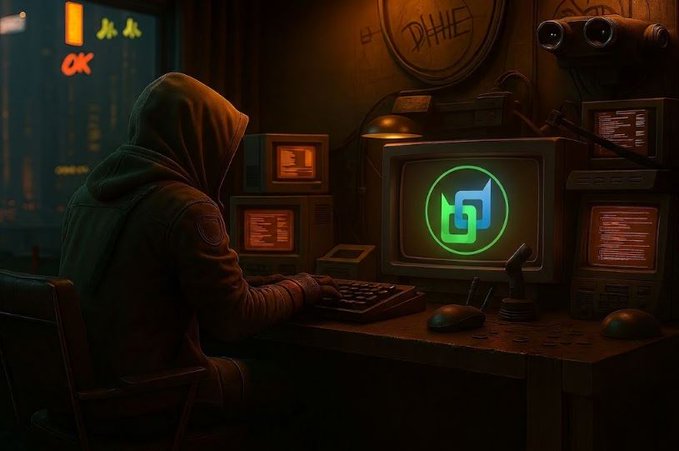 A hooded figure sits in a dimly lit, cluttered room facing a vintage computer monitor displaying a green circular logo, surrounded by other old CRT screens.