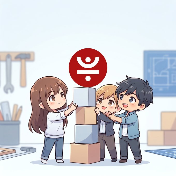 A chibi-style illustration shows three children collaboratively stacking colorful blocks topped with a red crypto token logo, set in a workshop environment with tools and blueprints.