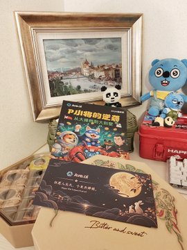 A display featuring a P.I. Khan Academy book ('小小偵探的追蹤'), an Avocad gold-foil package, a blue bear plushie, and a framed landscape painting, with a box reading 'Bitter and sweet.'
