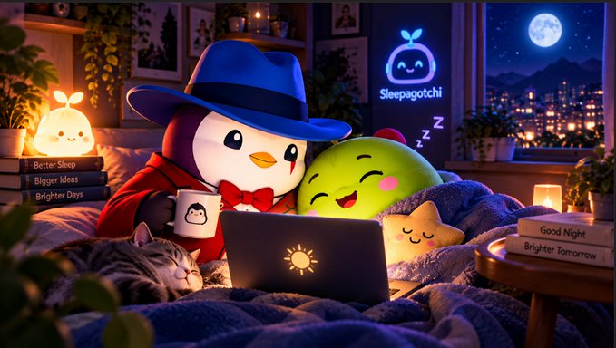 A cute 3D illustration titled 'Sleepagotchi' shows penguin-like characters and a green creature in bed together with a sleeping cat, books labeled 'Better Sleep,' 'Bigger Ideas,' 'Brighter Days,' and a 'Good Night, Brighter Tomorrow' book.