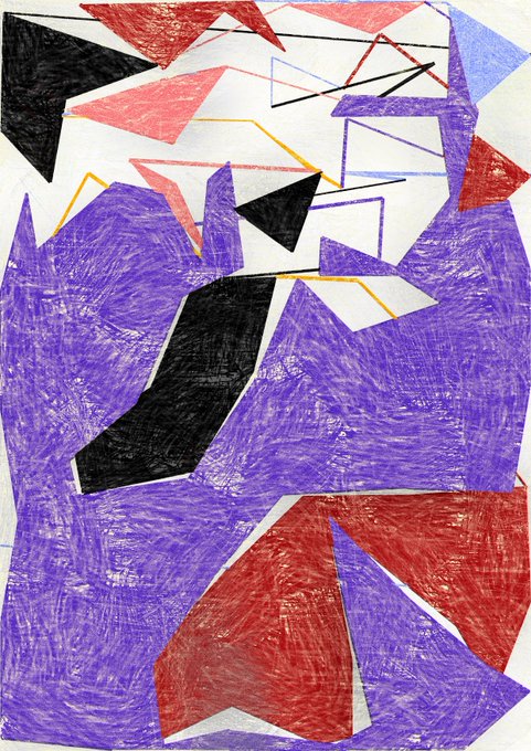A vibrant abstract drawing filled with angular shapes colored in purple, red, black, and pink markers, featuring visible scribbled shading inside each form, likely representing one of William Mapan's generative sketchbook artworks acquired by the V&A museum and Arab Bank.

The bold geometric composition with overlapping triangular and polygonal forms in vivid colors reflects the energetic, improvisational style characteristic of Mapan's celebrated sketchbook and études series.