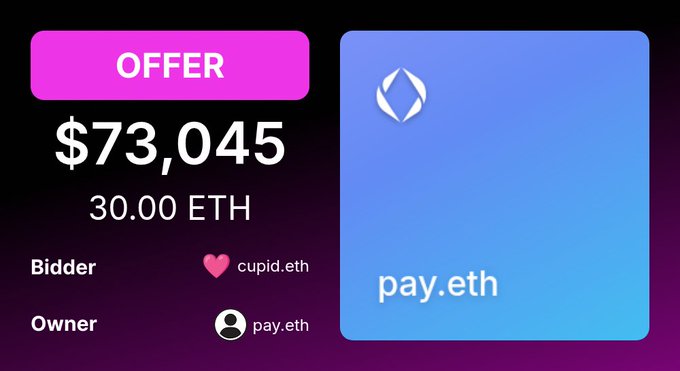 A digital interface displaying an offer of $73,045 or 30.00 ETH for the ENS domain 'pay.eth', with the bidder listed as 'cupid.eth' and the owner as 'pay.eth'.