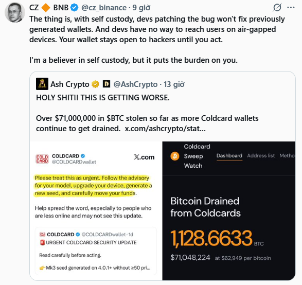 A tweet from CZ (cz_binance) discussing self-custody risks, quoting a post from Ash Crypto about over $71,000,000 in BTC being stolen from Coldcard hardware wallets.